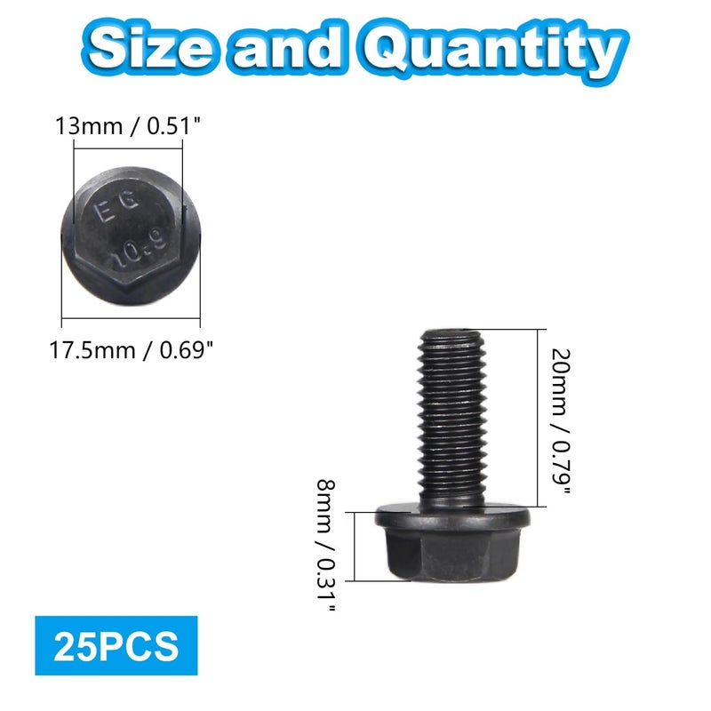 Yinpecly M8-1.25 X 20mm Flanged Hex Head Bolts Flange Hexagon Screws, External Flange Hex Drive Screws,Class 10.9 Black Finish,Alloy Steel, Fully Threaded, 25 PCS - Image 2